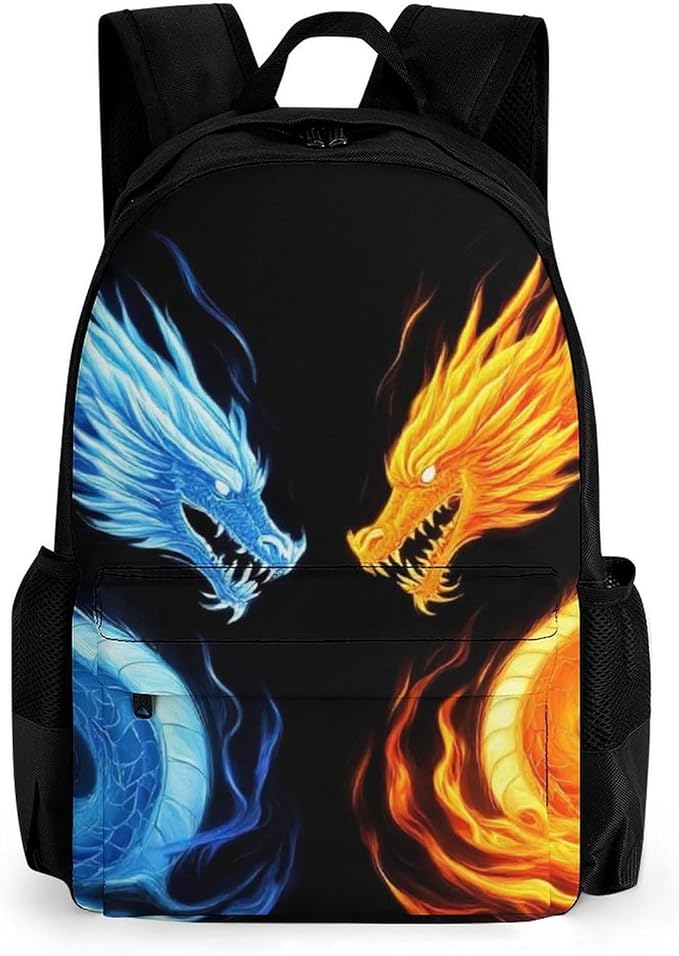 Men Women Polyester Ice Blue And Red Fire Flame Dragon Daypack Big Capacity Shoulder Bag With Smooth Zippers for Hiking Work Walking Cycling