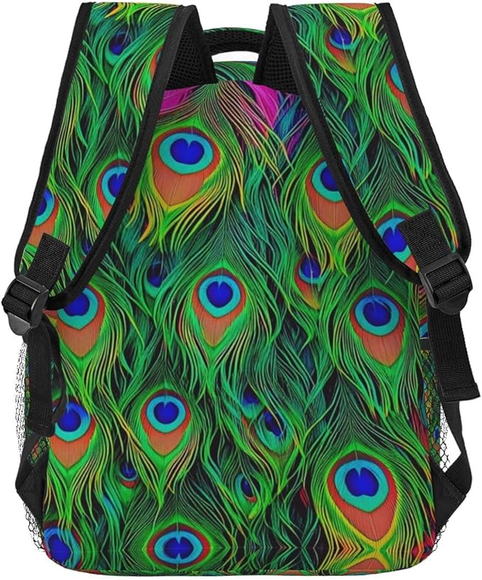 Shoulder Book Bags Anti-Theft Multipurpose Big Capacity Bookbag, Colorful Peacock Feather Art Travel Hiking Backpack With Smooth Zippers