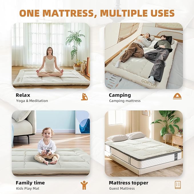 Full Japanese Floor Futon Foldable Futon Mattress for Floor Tatami Mattress Portable Rollaway Bed for Guest Playmat for Kids Tatami Sleeping Pad Japanese Mattress for Adults Beige A