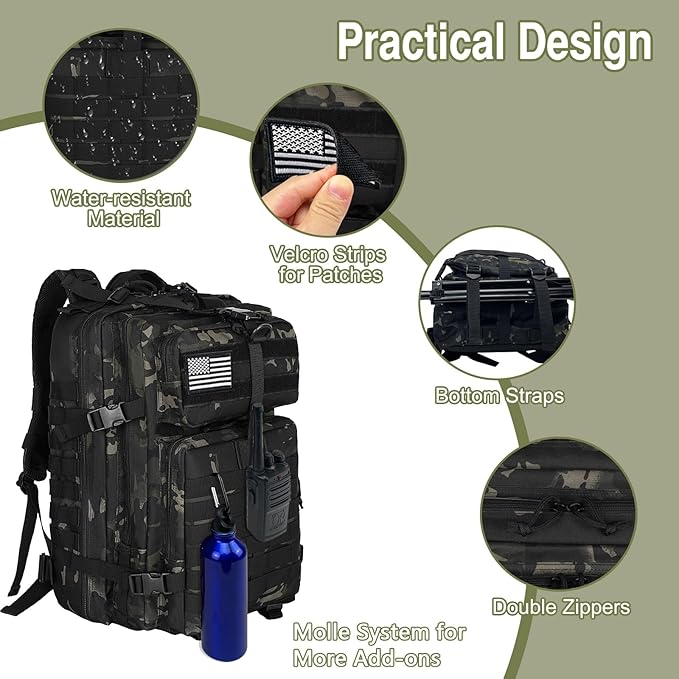 WOLT Military Tactical Backpack for Men 45L Molle Backpack 3 Day Assault Pack Bug Out Bag, Heavy Duty Rucksack for Hiking Gym, Camouflage Black