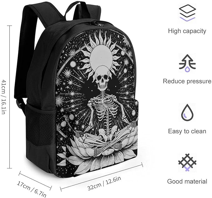 Daypack Backpack Polyester Anti-Theft Multipurpose Seven Star Meditation Skeleton Skull Black Bookbag Big Capacity Travel Hiking Camping Rucksack With Smooth Zippers