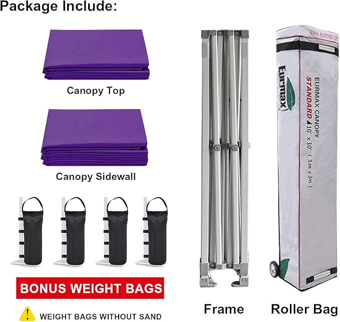 Eurmax USA 10'x10' Pop-up Canopy Tent Commercial Instant Canopies with 4 Removable Zipper End Side Walls and Roller Bag, Bonus 4 SandBags(Purple)