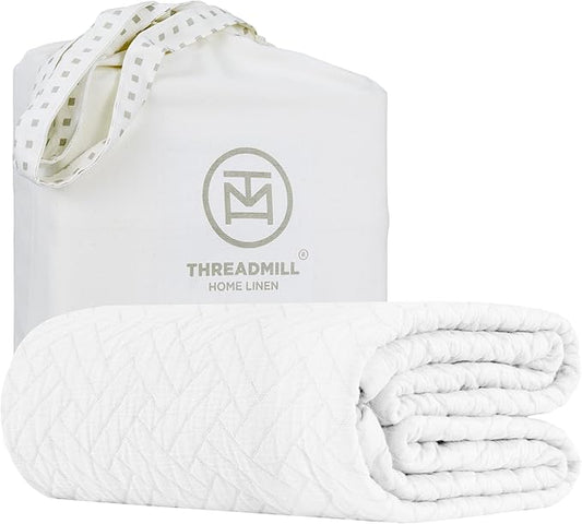 Threadmill Luxury Cotton Blankets for Queen Size Bed | All-Season 100% Cotton Queen Size Blanket | Criss Cross Jacquard Cozy Lightweight, Soft Breathable Coverlet fits Full Size Bed, 90x92 | White