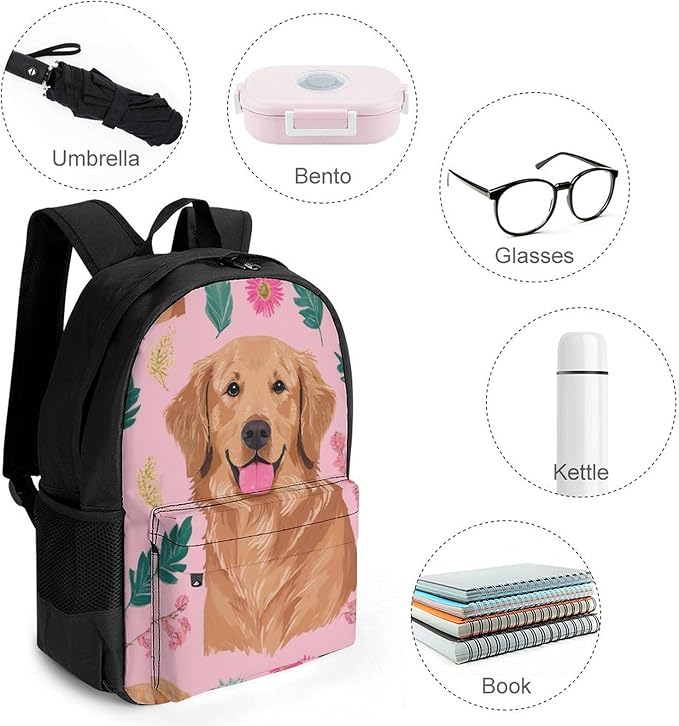 Supdreamc Men Women Lightweight Cute Golden Retriever Dog Pink Casual Daypack Big Capacity Bookbag With Padded Straps for Gym Travel Walking Cycling