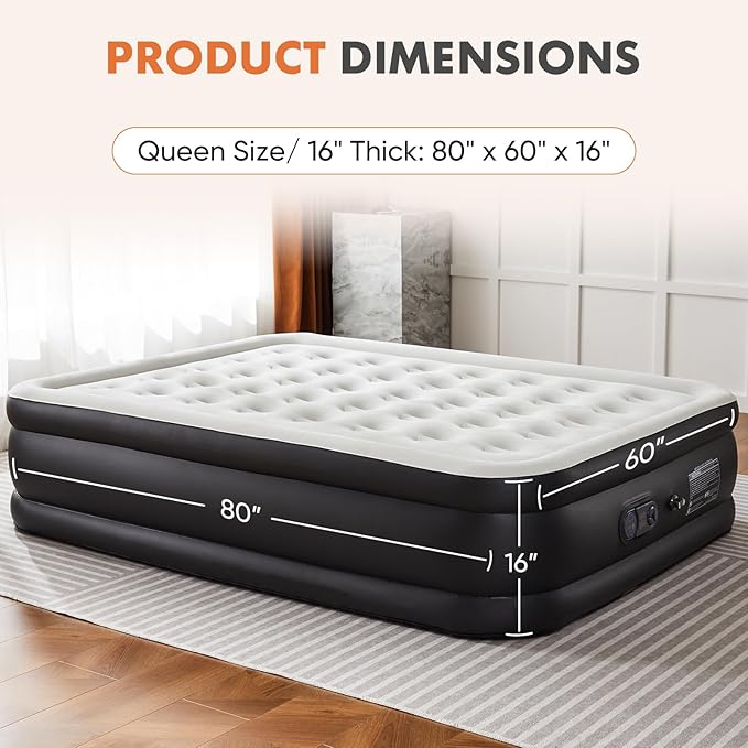 Elevon Queen Air Mattress with Built in Pump, 16"/660lbs Max Blow Up Bed, Double-Height Non-Slip Bottom Mattress, Durable & Waterproof Air Bed for Guests Home Camping