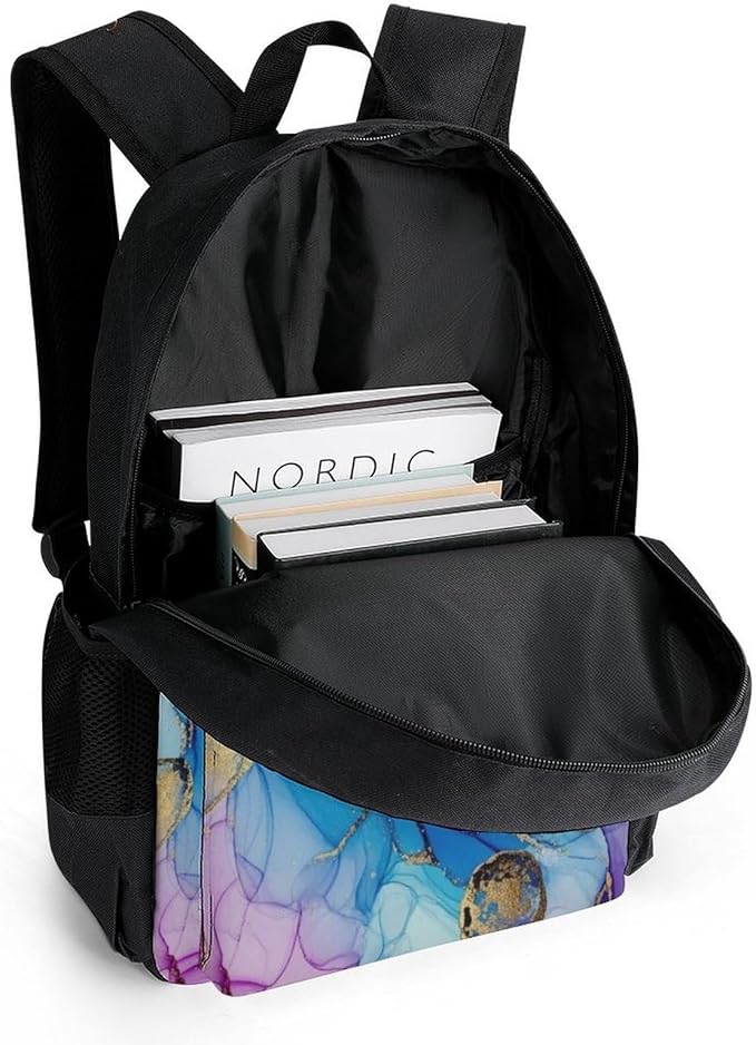 Polyester Daypack Backpack for Trekking Picnic Walking Cycling, Large Capacity Anti-Theft Multipurpose Shoulder Bag, Purple Gold Marble Casual Daypack