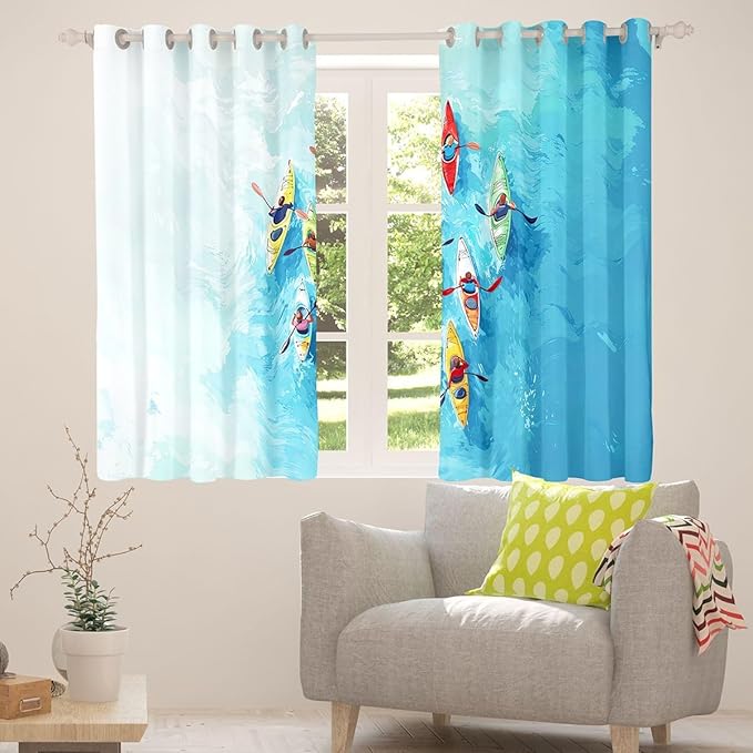 Manfei Go Boating Blackout Curtains,Rowing Boat Lake Adventure Boys Girls Room Decor,Row Paddle Summer Sport Games Window Curtains,Chic Blue 2 Panels,38Wx45L inch