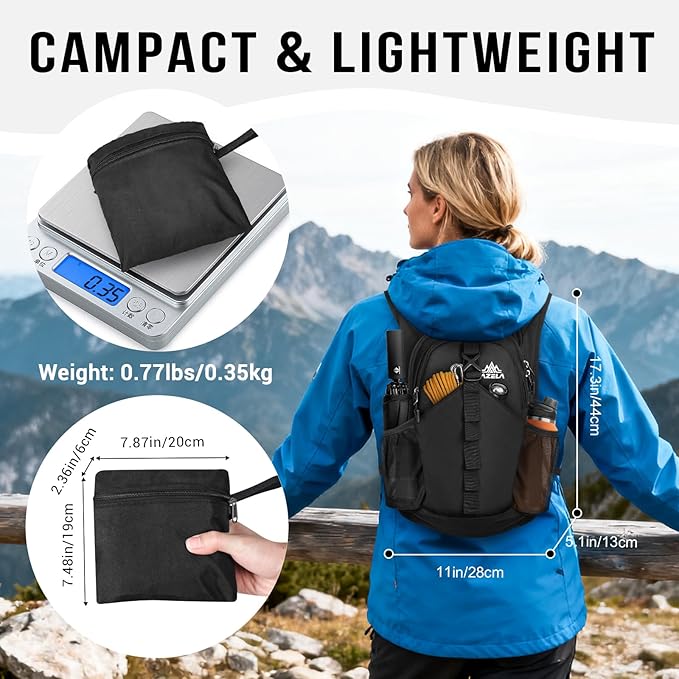 FUNANASUN 16L Ultra-Lightweight Foldable Waterproof Hiking Backpack For Women Men Small Backpack For Hiking Commuting Travel, Black