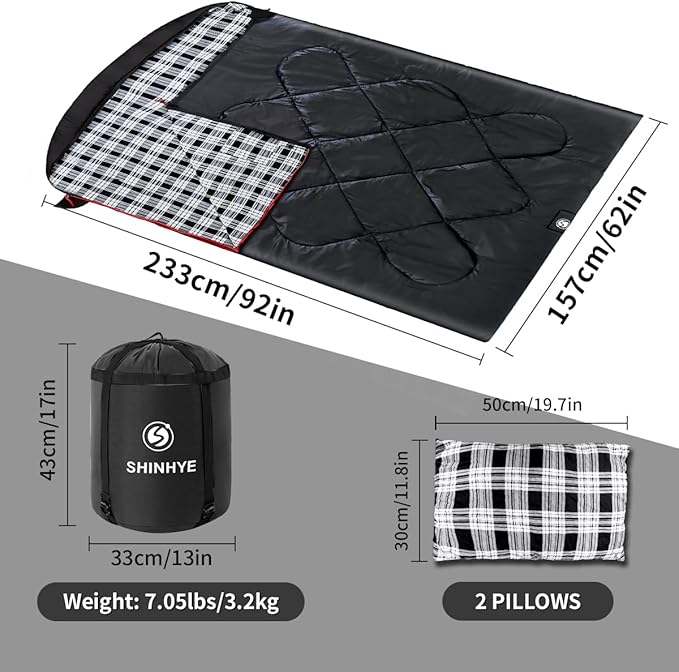 ShinHye Double Sleeping Bag for Adults with 2 Pillows, Camping Sleeping Bags Flannel Cotton 2 Person Sleeping Bags XXL Queen Size Sleeping Bag for Cold Weather