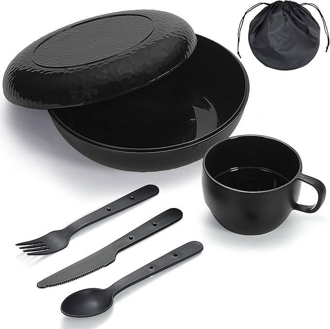 Berglander Camping Mess Kit with Bowl, Plate, Cup, Spoon, Fork, Knife and Carry Bag, Plastic Camping Accessories Essentials Gear for Travel, Camping, Picnic, Outdoor, Easy to Carry & Store