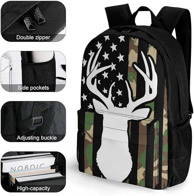Lightweight Rucksack for Sports Travel Running, Big Capacity Multipurpose Anti-Theft Bookbag, Camouflage American Flag Hunting Deer Camo Travel and Sport Backpack Rucksack