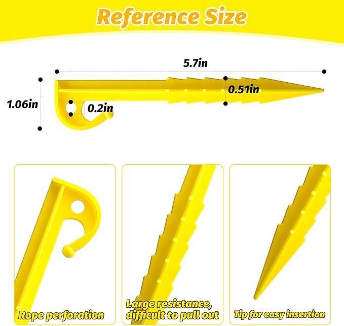 12 Pack Plastic Tent Stakes,5.7 inches, Ideal for Sand, Camping, Backpacking, Beach, Garden, and Lawn use. Durable, Rust-Resistant, and Reliable Support.(Yellow)