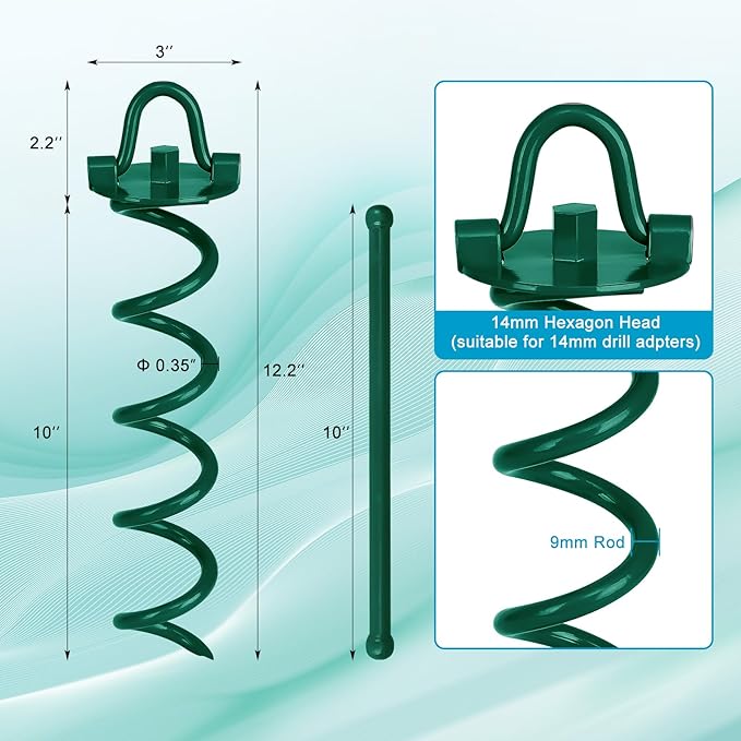 FEED GARDEN 12.2 Inch Spiral Ground Anchors Heavy Duty Screw in Spiral Stakes 4 Pack Folding Ring Ground Stakes for Securing Dogs,Tents, Trampolines, Canopies, Swing Sets,Green