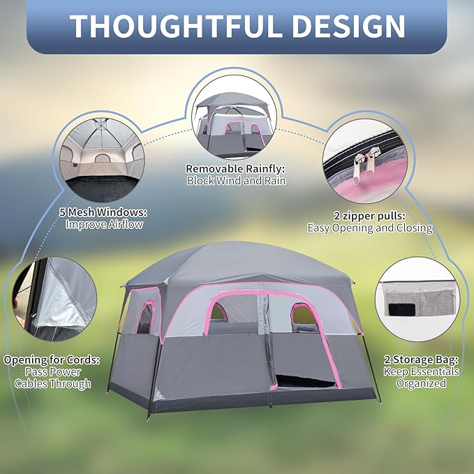 Outvita 6 Person Camping Tent with Carry Bag, Waterproof Windproof Easy Setup, Portable Family Camping Tent with 1 Mesh Door & 5 Large Mesh Windows, 10'X9'X83in