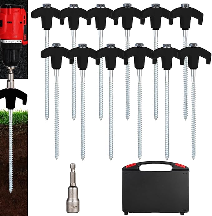 12 Pack Screw in Tent Stakes Heavy Duty,8 ’’ Ground Anchors Screw in,Metal Stakes with Hex Head Driver and Sturdy Storage Box. (12, Black)