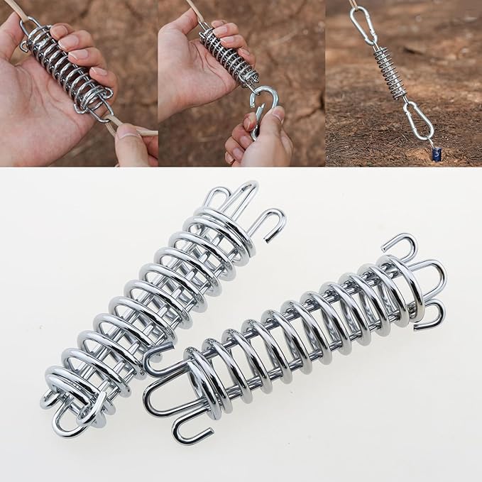 heyous 2PCS Silver Tent Wind Spring Wind Rope Buckle Outdoor Camping High Strength Steel Rope Buckle Tent Fixed Buckle Spring Hook Buckle