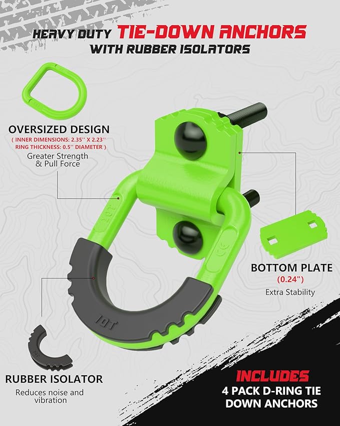 D-Ring Tie Down Anchors with Rubber Isolators, 4 Pack Heavy Duty 10 Ton Capacity Carbon Steel, Bolt-On with Mounting Hardware, Zinc & Powder Coated for Trailer, Truck, Pickup, Garage-Green
