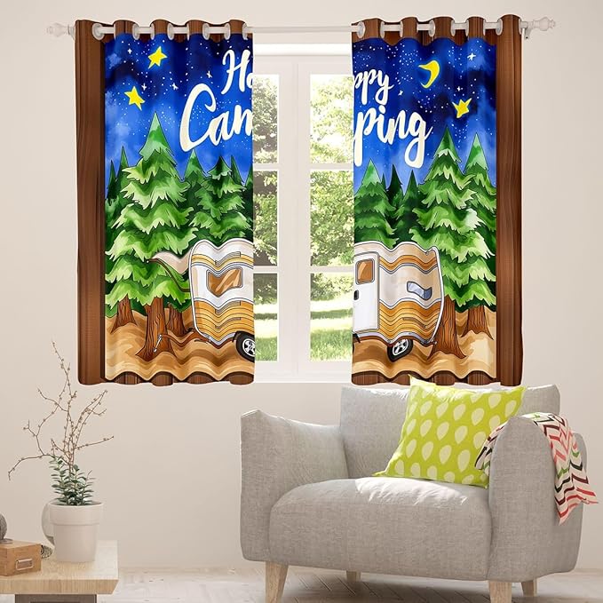 Erosebridal Kids Camper Blackout Curtains for Bedroom Living Room Happy Camping Window Curtains 2 Panels 52" Wx84 L Rustic Camp Travel Car Drapes,Camping Adventure Forest Window Treatments