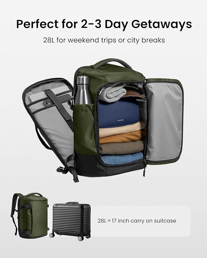 tomtoc Travel Backpack 28L, TSA Friendly Flight Approved Carry-on Luggage, Personal Item Travel Bag, Water-Resistant Lightweight Business Rucksack, Durable Bag Fits 16 Inch Laptop