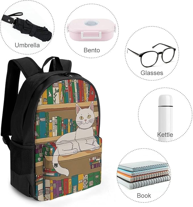 Backpack Polyester Multipurpose Anti-Theft Nerd Book Lover Kitty Sleeping Over Bookshelf In Library Shoulder Bag Big Capacity Gym Outdoor Hiking Backpack With Padded Straps