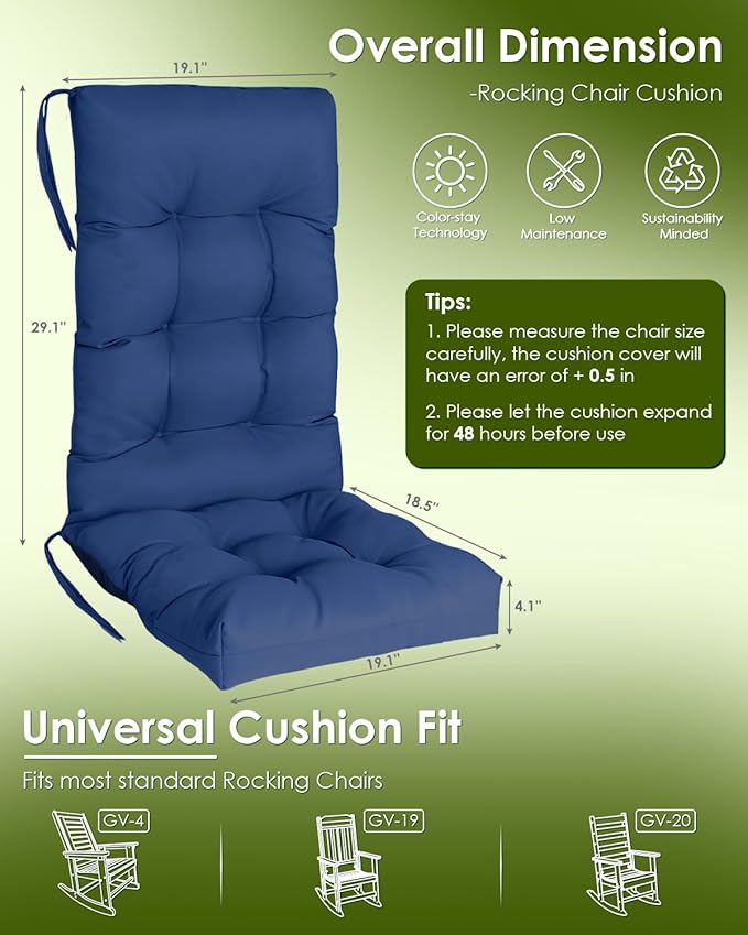 GREENVINES Rocking Chair Cushion | Polyester | Waterproof | Outdoor High Back Rocker Chairs Cushions | Seat with Ties | Non-Slip | Thickened Pad for Patio | 46.5" x 18.5" x 4.3" | Blue