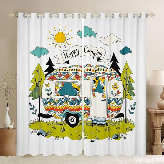 Erosebridal Kids Happy Camping Window Drapes Rv Camper Blackout Curtains 38" Wx45 L Vehicles Camping Decor Curtains for Bedroom Living Room,Rustic Camp Travel Car Window Treatments 2 Panels