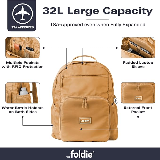 The Foldie Packable Backpack for Travel 32L - Lightweight Foldable Backpacks with Trolly Sleeve & RFID Protection - Water-repellent Casual Daypack Backpacks for Hiking, Camping & Gym - Cognac