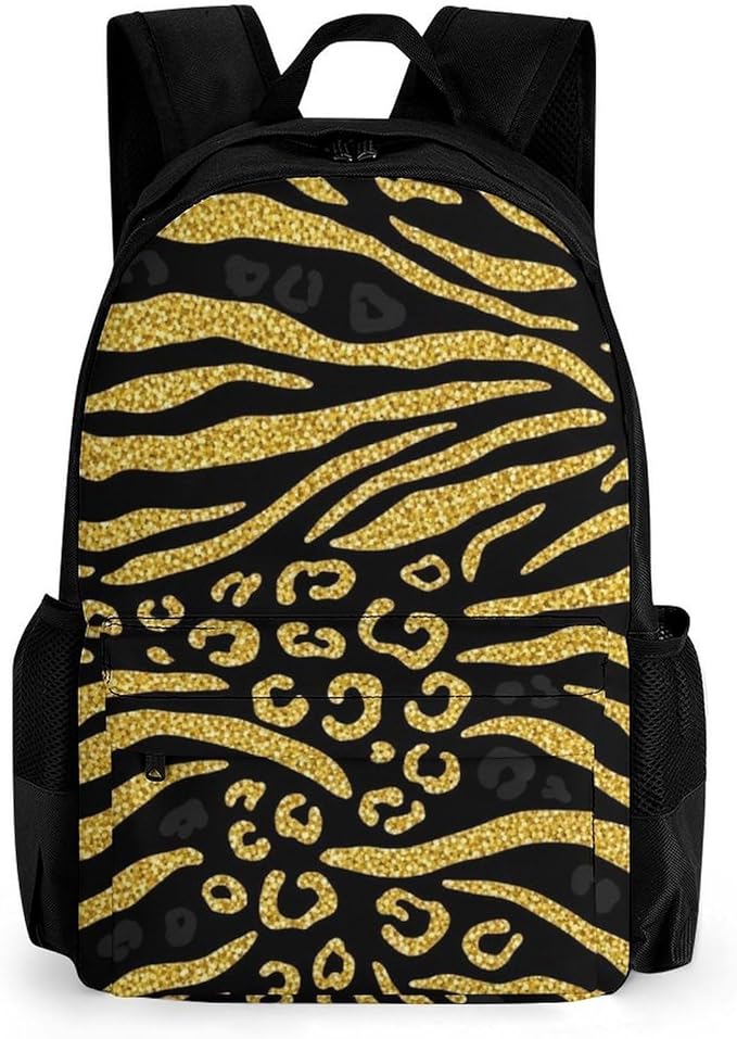 Supdreamc Polyester Daypack Backpack for Climbing Outdoors Running, Big Capacity Multipurpose Anti-Theft Bookbag, Gold Glitter Animal Skin Tiger Stripes Print Travel Hiking Camping Rucksack