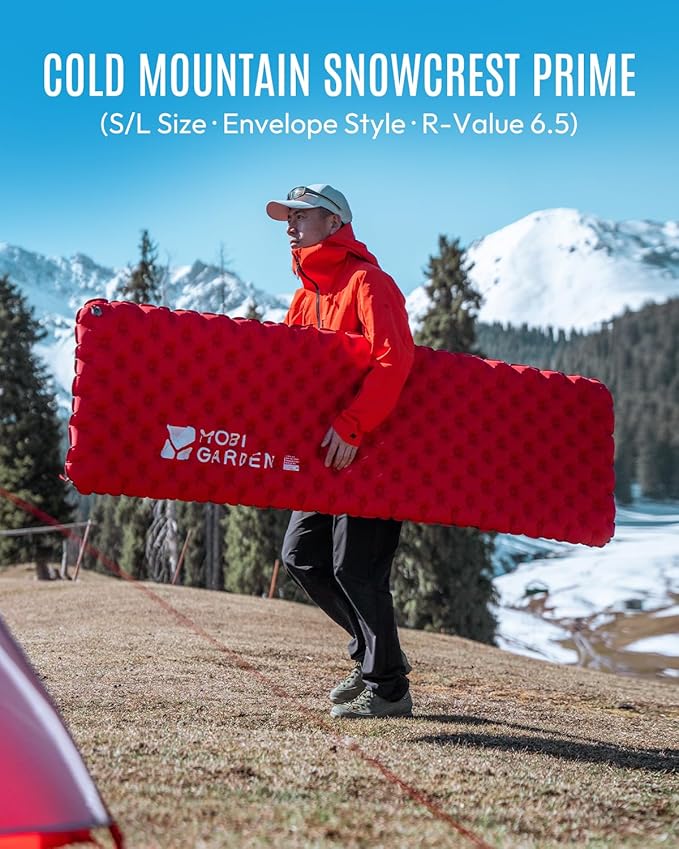MOBI GARDEN Gennye Insulated Sleeping Pad for Backpacking - R-Value 6.5 Cold Weather Camping Mat, Double Chamber Safety Inflatable Air Mattress, 3.5" Thick, Quiet 40D Ripstop Nylon