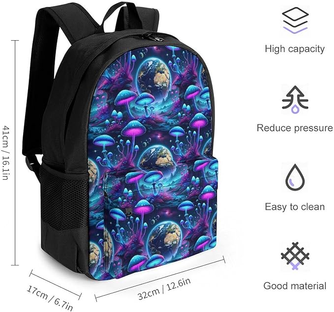 Daypack Anti-Theft Multipurpose Large Capacity Shoulder Bag, Trippy Mushroom Magic World Glowing Art Travel Hiking Camping Rucksack With Smooth Zippers