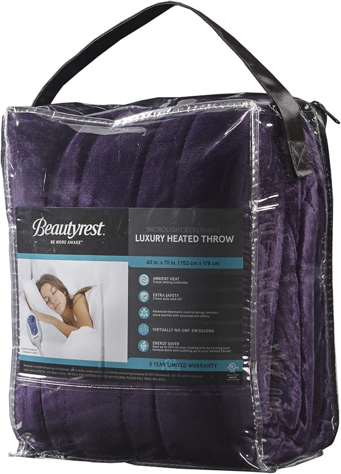 Beautyrest Heated Electric Blanket for Cold Weather, Fast Heating Heated Blanket, Auto Shut Off, Virtually Zero EMF, Multi Heat Setting, UL Certified, Purple Throw (60 inx70 in)