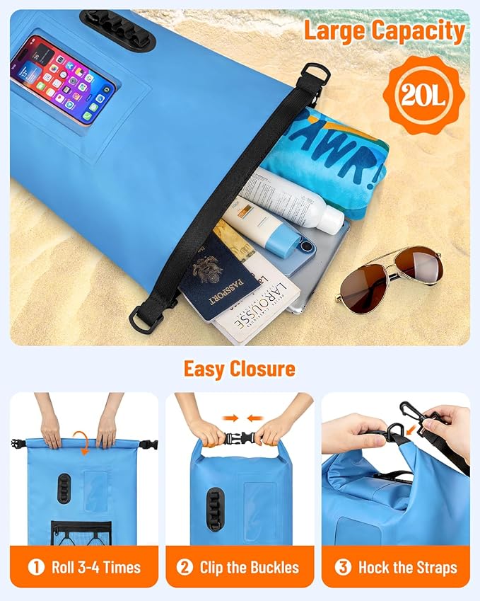 Waterproof Dry Bag, 20L/30L Roll Top Waterproof Backpack with Waterproof Phone Case, Heavy Duty Storage Bag for Women Men, for Travel, Kayaking, Boating, Rafting, Camping, Hiking & Beach