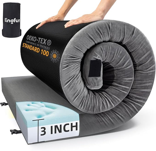 Kingfun 3 Inch CertiPUR-US Memory Foam Camping Mattress, Waterproof Roll up Sleeping Pad, Thick Floor Sleeping Mats for Tent with Removable Travel Bag