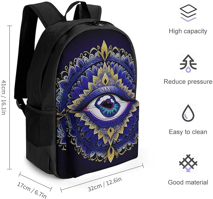 Shoulder Book Bags Polyester Multipurpose Anti-Theft Abstract Symbol Of All Seeing Eye Boho Indian Ethnic Style Carry On Bag Large Capacity Travel Hiking Camping Rucksack