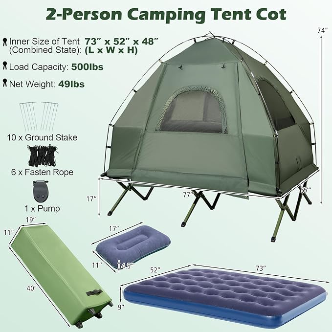 Tangkula 5-in-1 Tent Cot Combo With Awning, Air Mattress, Sleeping Bag, Pillow, Elevated Single Tent With Carrying Bag for Outdoor Camping, Hiking, Picnic, Travel