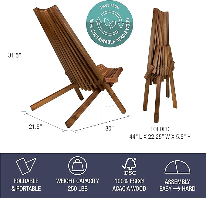 CleverMade Tamarack Folding Wooden Outdoor Chair -Stylish Low Profile Acacia Wood Lounge Chair for the Patio, Porch, Lawn, Garden, Assembly Required, Cinnamon