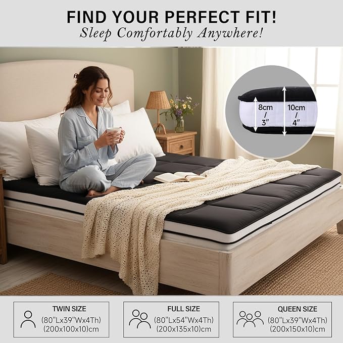 Tiita Memory Foam Mattress Topper Twin Size, 4" Thicken Futon Mattress with Storage Bag and 2 Straps, Portable Roll Up Travel Car Camping Mattress Floor Sleeping Pad, Black