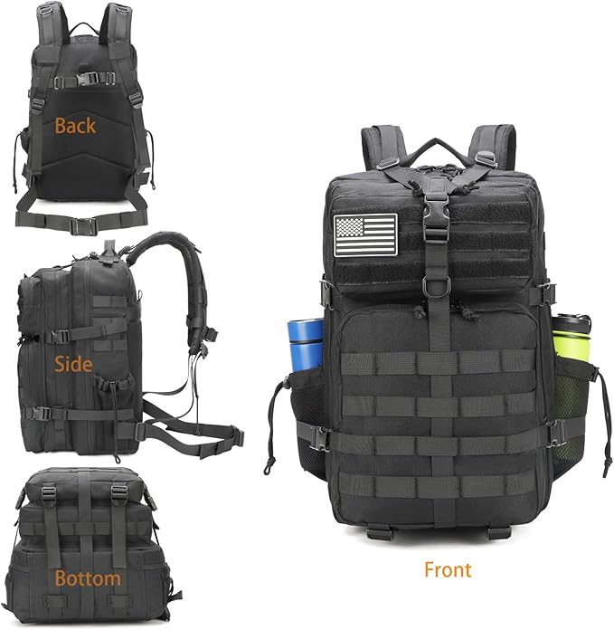 Tactical Gun Backpack for Men, 45L Military Backpack with Holster of Handguns, Bug Out Bag Army Molle Daypack 3-Day Pack W.Side Pocket for Gym Camping Hiking Trekking(Black)