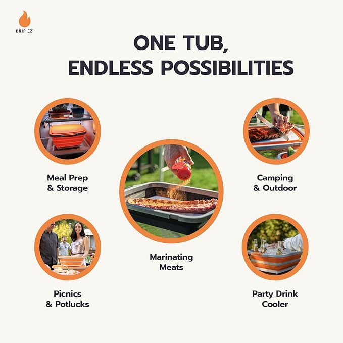 Drip EZ Collapsible BBQ Prep Tubs 2-Piece Set - For Meal Prep Marinating Food Storage - Includes Cutting Board & Lid - (1) OG + (1) XL - Orange