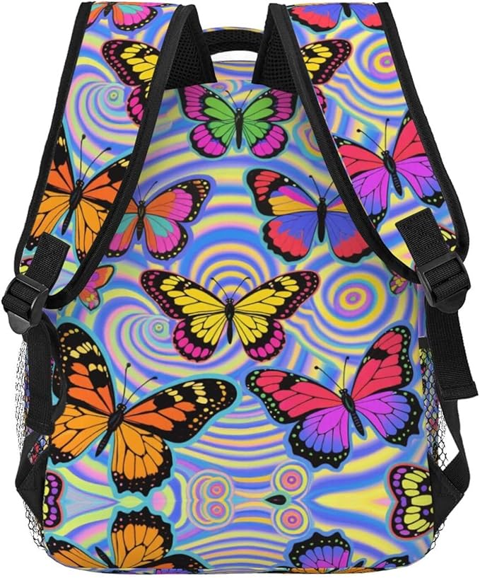Rucksack Multipurpose Anti-Theft Big Capacity Shoulder Bag, Trippy Colorful Butterflies Art Travel Hiking Camping Rucksack With Side Pockets