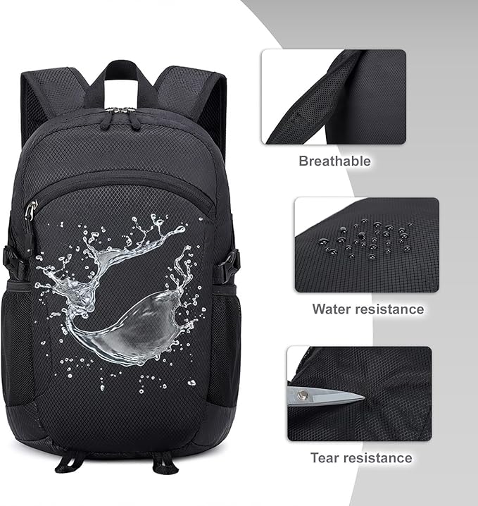 Lightweight Hiking Backpack 30L Packable Foldable Daypack Collapsible Travel Bag Water-Resistant for Women Men (Black)