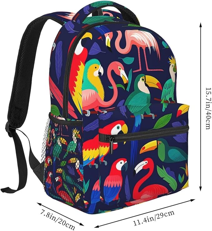 Rucksack Multipurpose Anti-Theft Big Capacity Shoulder Bag, Exotic Birds Parrot Flamingo Art Travel Hiking Camping Rucksack With Side Pockets