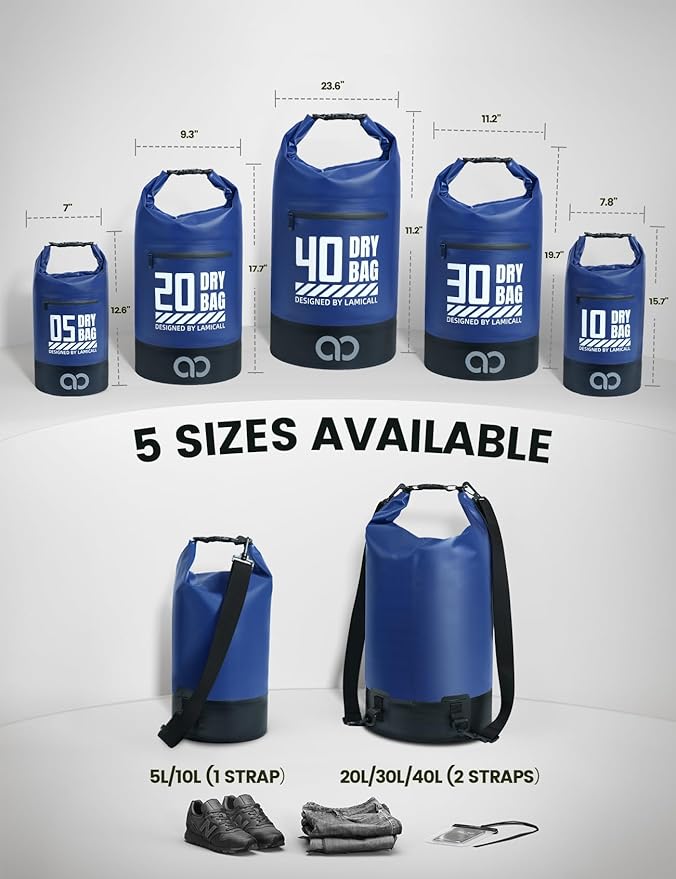 Lamicall Waterproof Dry Bag with Phone Pouch, Floating Roll Top Backpack, 20L, Blue