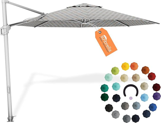 Midtown Umbrellas The Grande Round 10 FT Outdoor Cantilever Patio Umbrella w/Sunbrella Infused Gem Acrylic Fabric - 8 Rib Aluminum Frame Offset w/Tilt And 360° Rotate Pedal System - Silver Frame