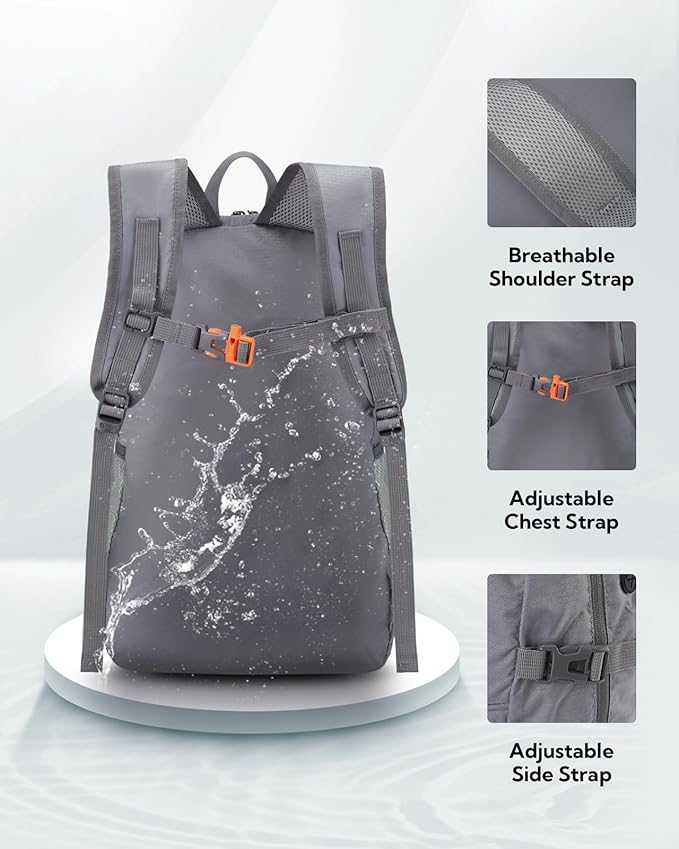 WATERFLY Hiking Packable Daypack Backpack: 25L Ultra Lightweight Day Pack for Woman Man - Small Compact Folding Back Pack for Outdoor Sport Cycling Camping Travel Trip - Gray