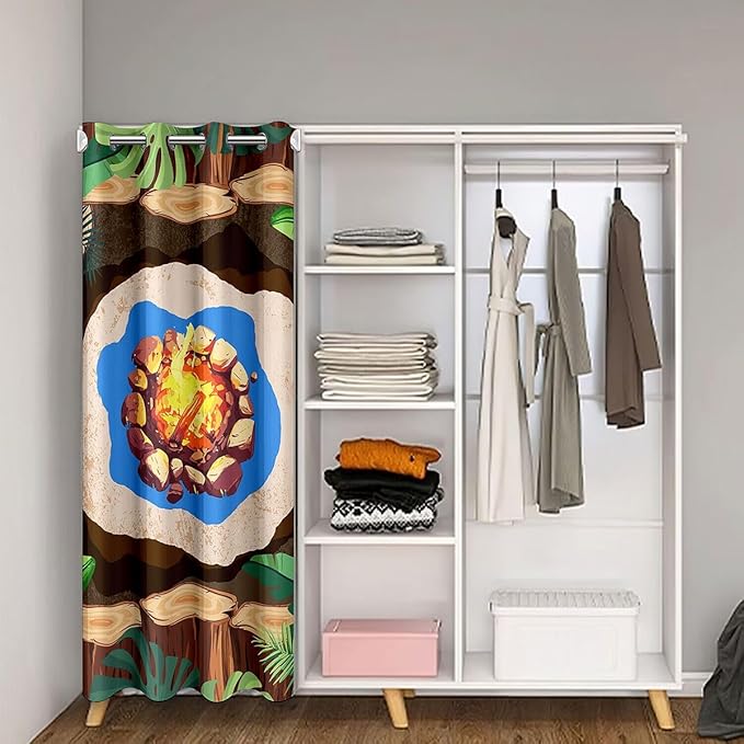 Camper Adventure Kids Door Curtain,Bonfire Campfire Camp Adventue Blackout Curtain,Palm Leaf Tropical Plant Rustic Bedroom Doorway Living Room Decor,Brown Privacy Door Drape 1 Panel,60" W X 80" L