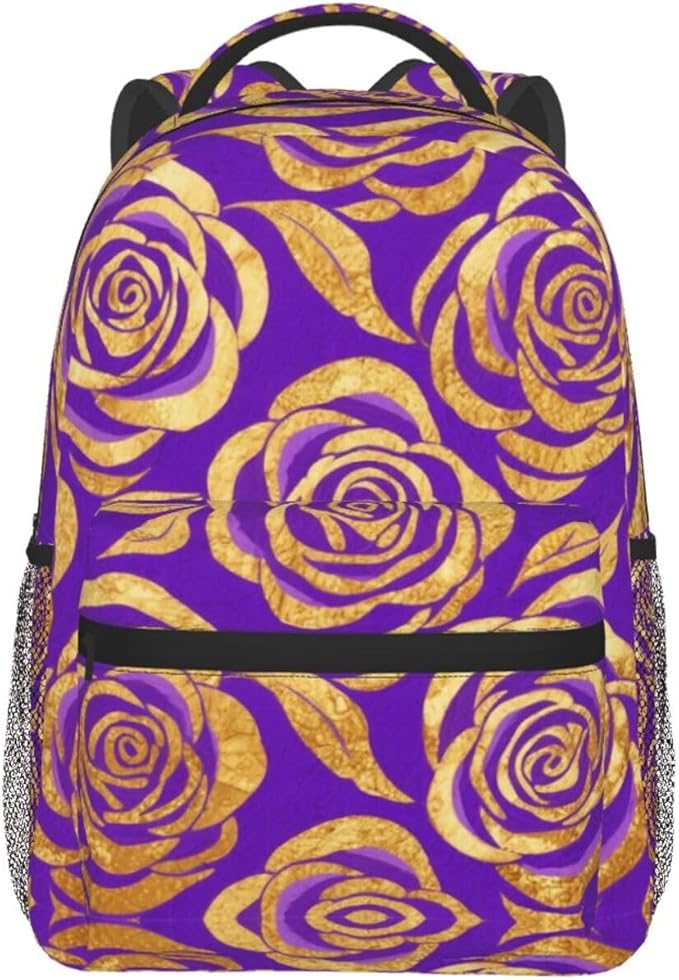 Casual Daypack Multipurpose Anti-Theft Large Capacity Carry On Bag, Purple Gold Rose Art Casual Daypack Climbing Shoulder Bag With Padded Straps