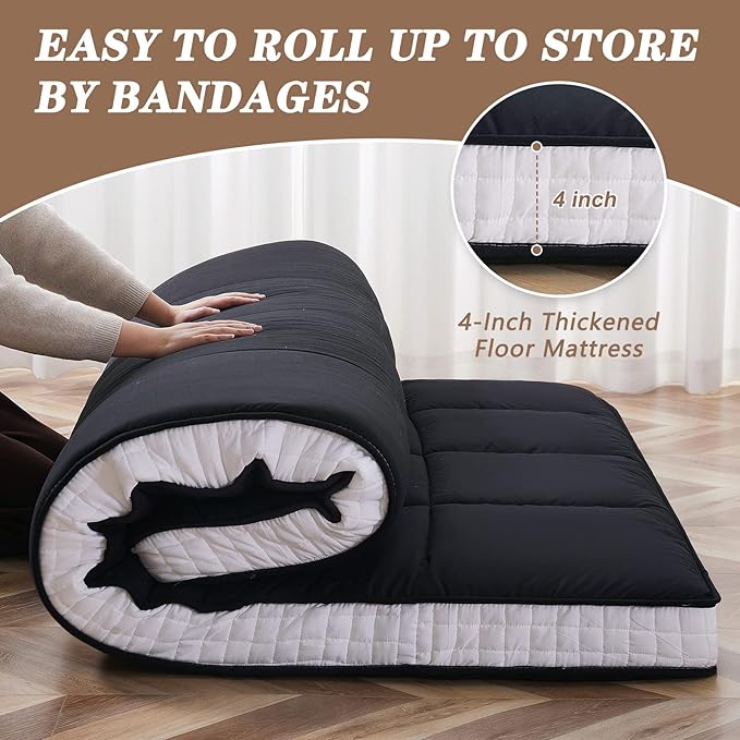 DoCred Queen Size Futon Mattress, Extra Thick Foldable Japanese Floor Mattress Memory Foam Sleeping Pad for Adults, Roll Up Mattress Tatami Mat Breathable Floor Lounger Guest Bed