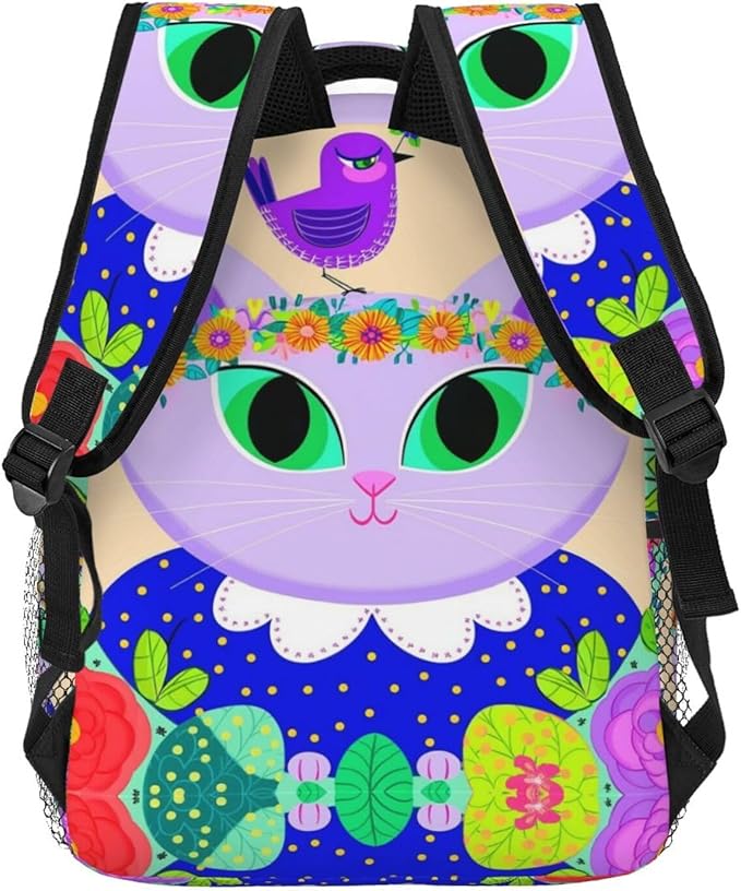 Men Women Polyester Cartoon Cats Birds Flowers Childlike And Dreamy Art Daypack Backpack Large Capacity Carry On Bag With Smooth Zippers for Hiking Picnic Walking Cycling