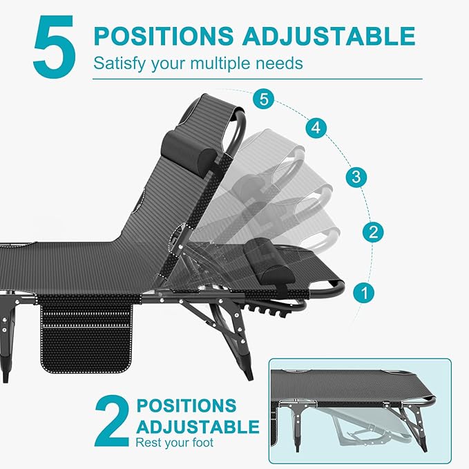 ABORON 5 Positions Camping Cots for Adults,Outdoor Folding Sleeping Cot/Mat,Folding Chaise Lounge Chair with Pillow,Portable Reclining Chair for Beach Lawn Camping Pool,Sunbathing Chairs